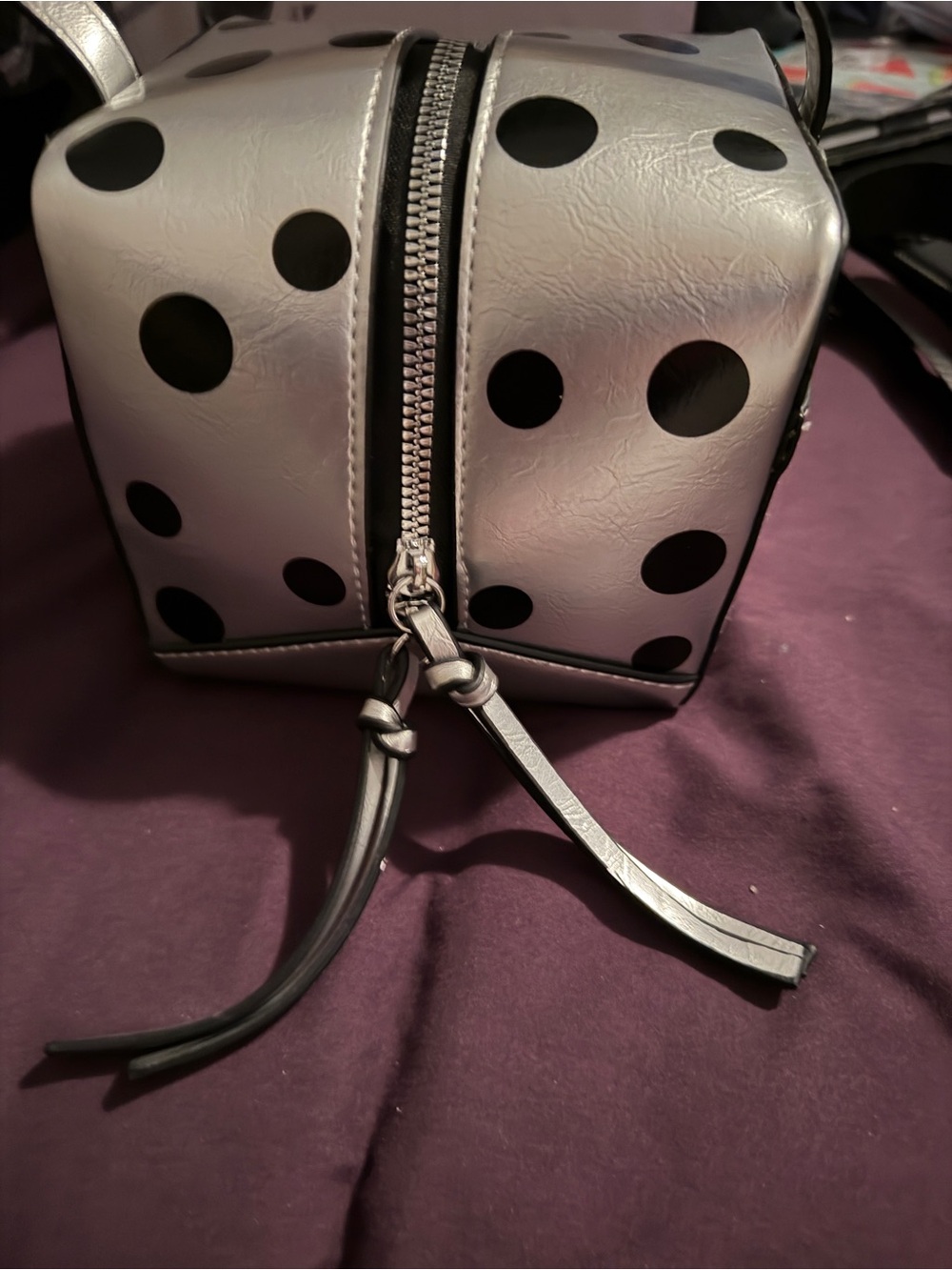 Silver Polka Dot Box Bag Retro Mod Top Handle Crossbody Satchel - Picture 9 of 13